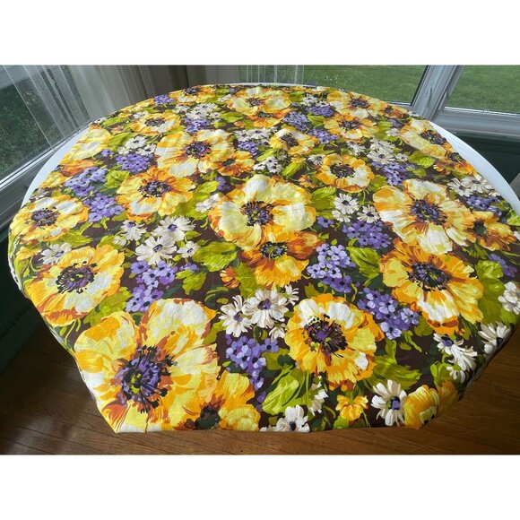 Vintage 80s pleated curtain, large yellow, green and purple flower, single panel - Picture 4 of 10